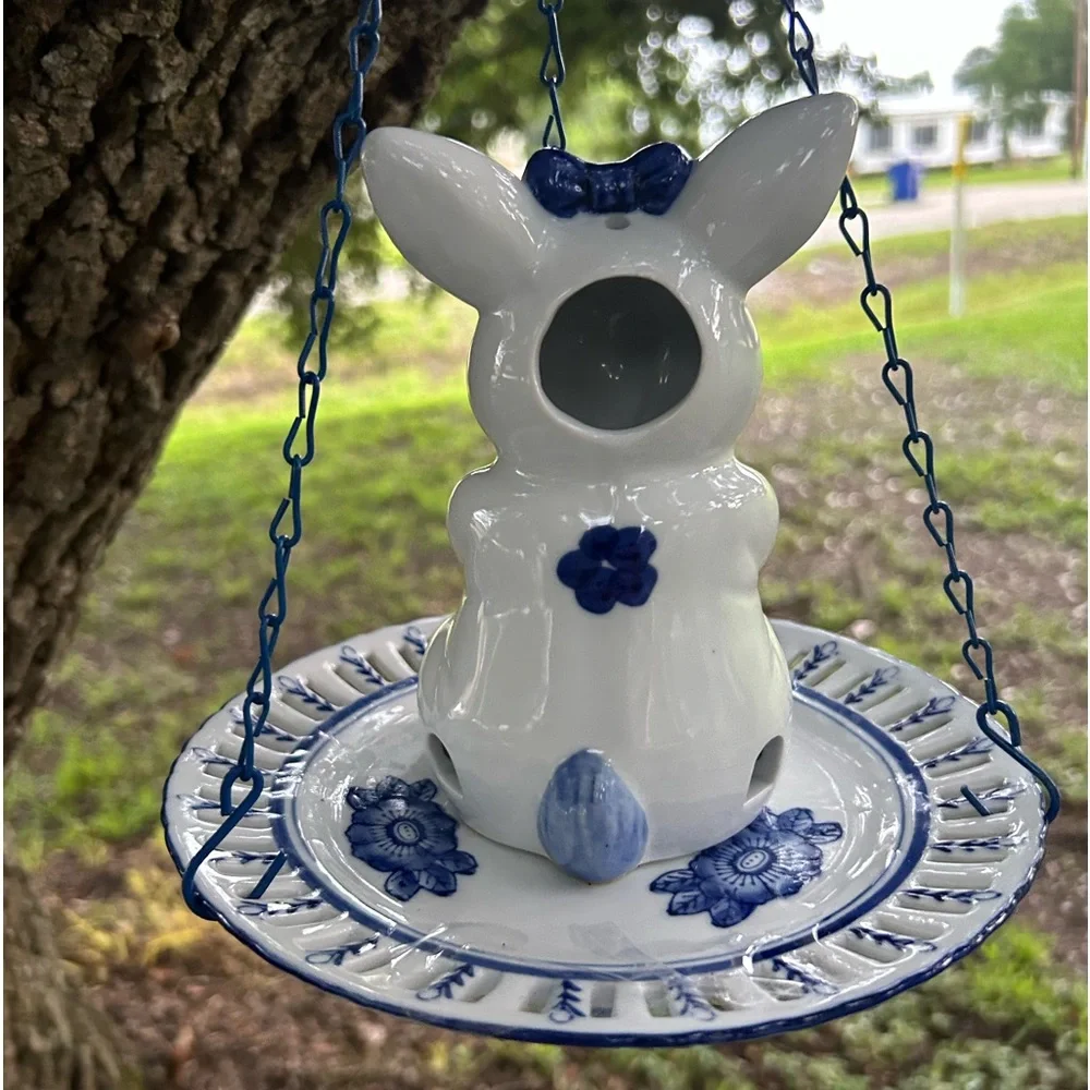 Rare and Unique Blue & White Porcelain Bunny Rabbit Bird Feeder
